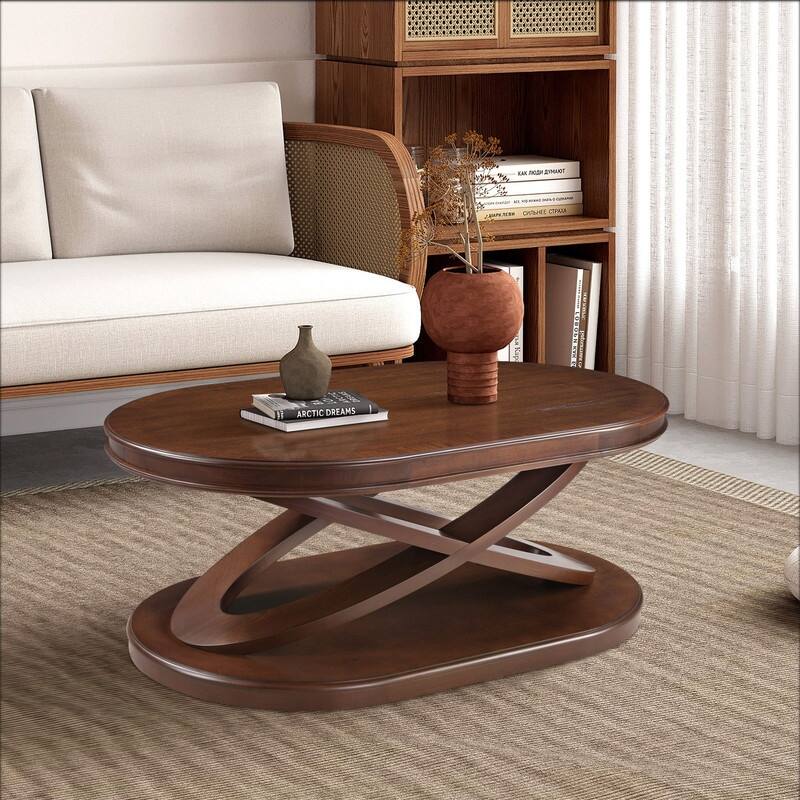 Solid Wood Oval Coffee Table with X-Shaped Base for Living Room Use