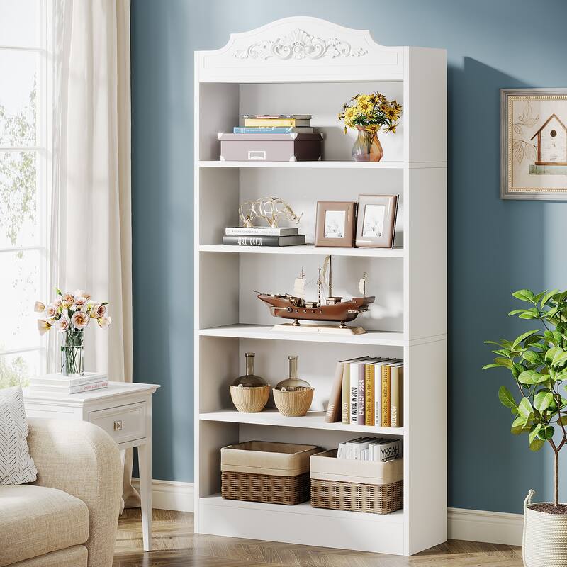 5-Tier Bookcase, Wood Bookshelf for Living Room, Bedroom, Home Office, White - white