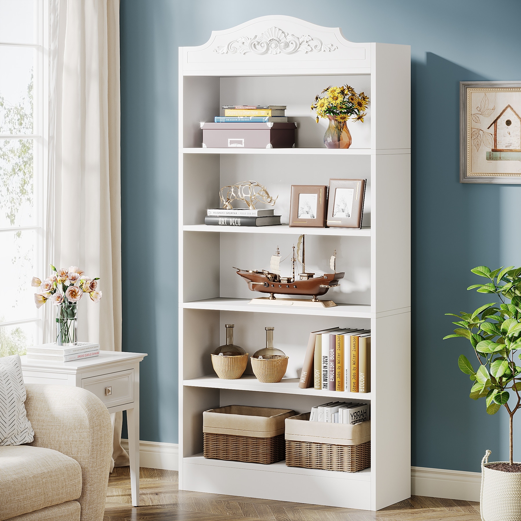 5-Tier Bookcase, Wood Bookshelf for Living Room, Bedroom, Home Office, White