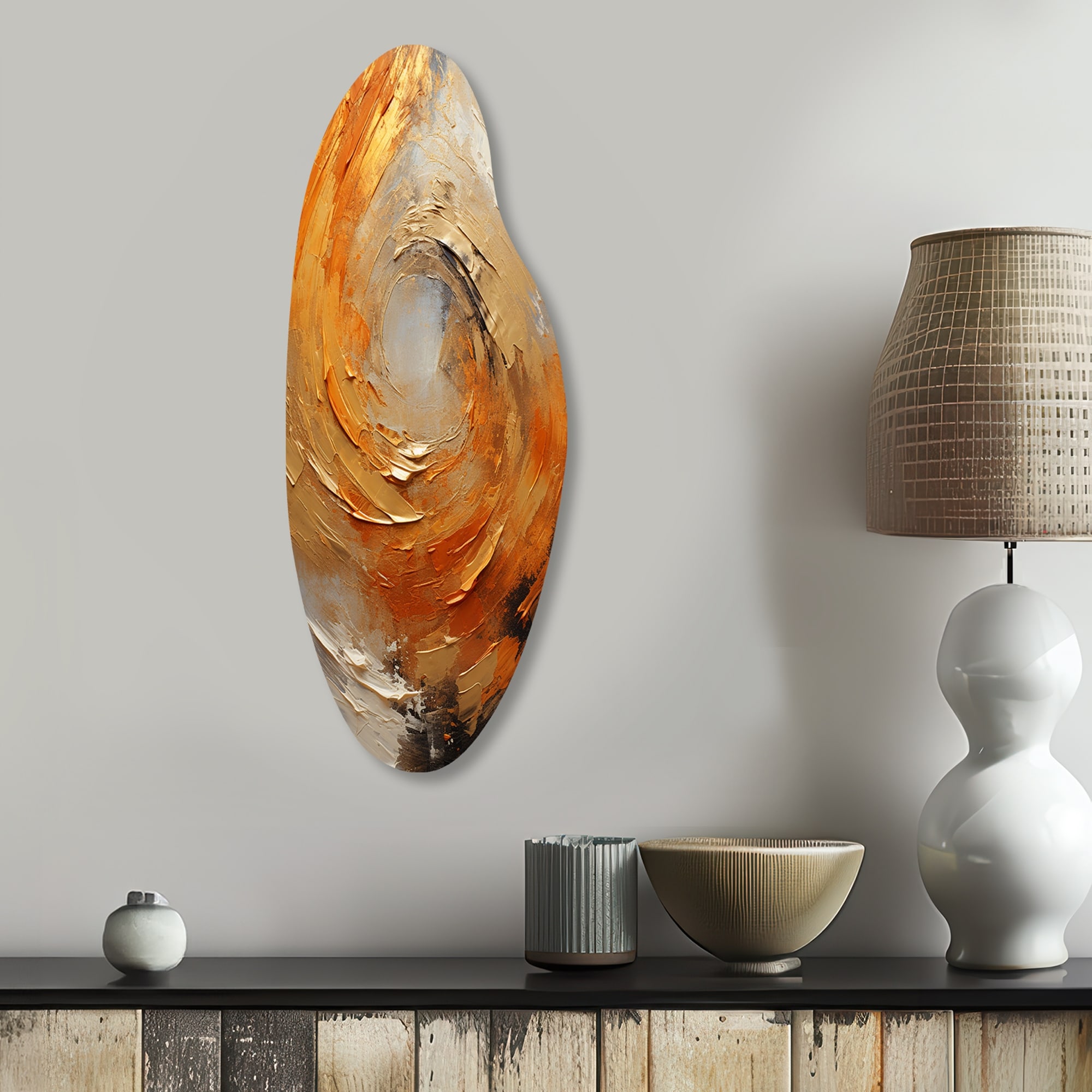 Designart - Gold Orange Desert Mirage Spiral - Abstract Spirals Metal Wall Art - Modern Gold Metal Curved Shape Print
