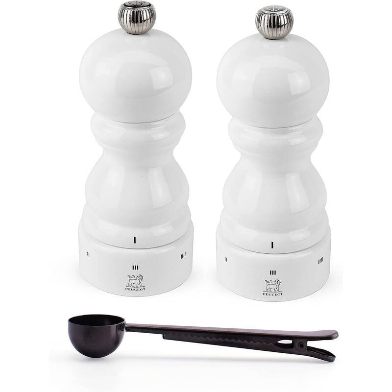 Peugeot Paris u'Select White Lacquer Salt & Pepper Mill, Gift Set - With Stainless Steel Spice Scoop/Bag Clip (5 Inch) - White - 3 Piece