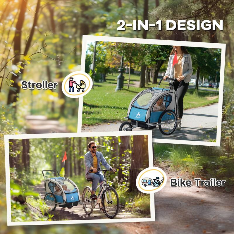 2-Seat Baby Bike Trailer for Kids with Safety Harness, Removable Canopy, Ample Storage
