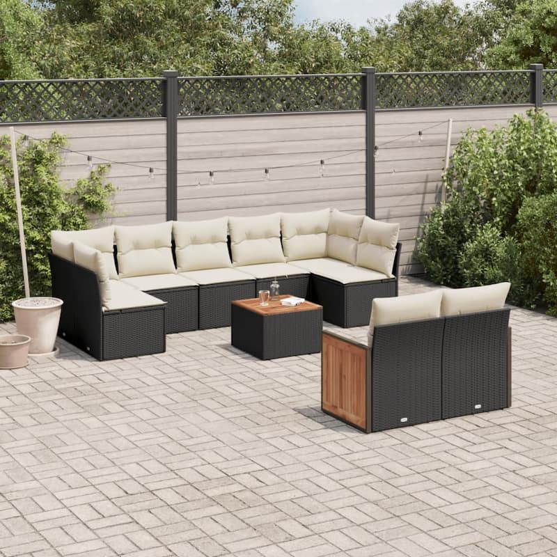 vidaXL Patio Sofa Set with Cushions Outdoor Conversation Furniture Poly Rattan - Black and Cream-With table - 21.7 x 21.7 x 14.6