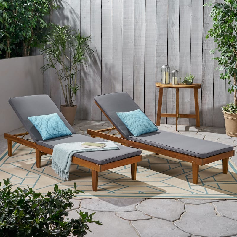Nadine Outdoor Modern Cushioned Acacia Chaise Lounges (Set of 2) by Christopher Knight Home - Teak Finish + Dark Gray Cushion