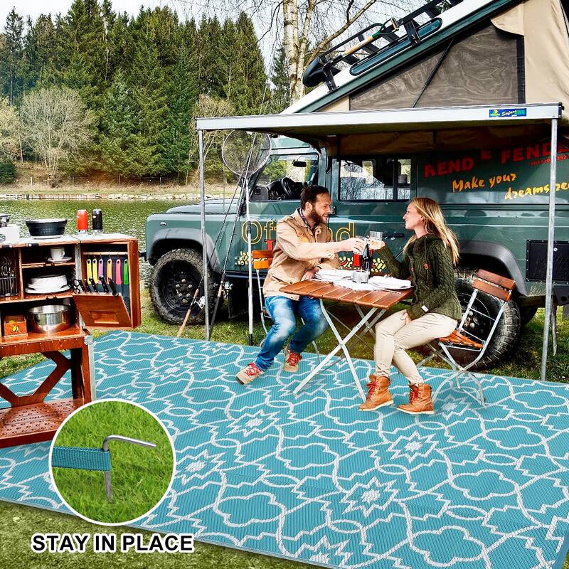 Outdoor Plastic Straw Rug Geometric Waterproof Reversible Area Rug for Patio Backyard Picnic Camp Beach