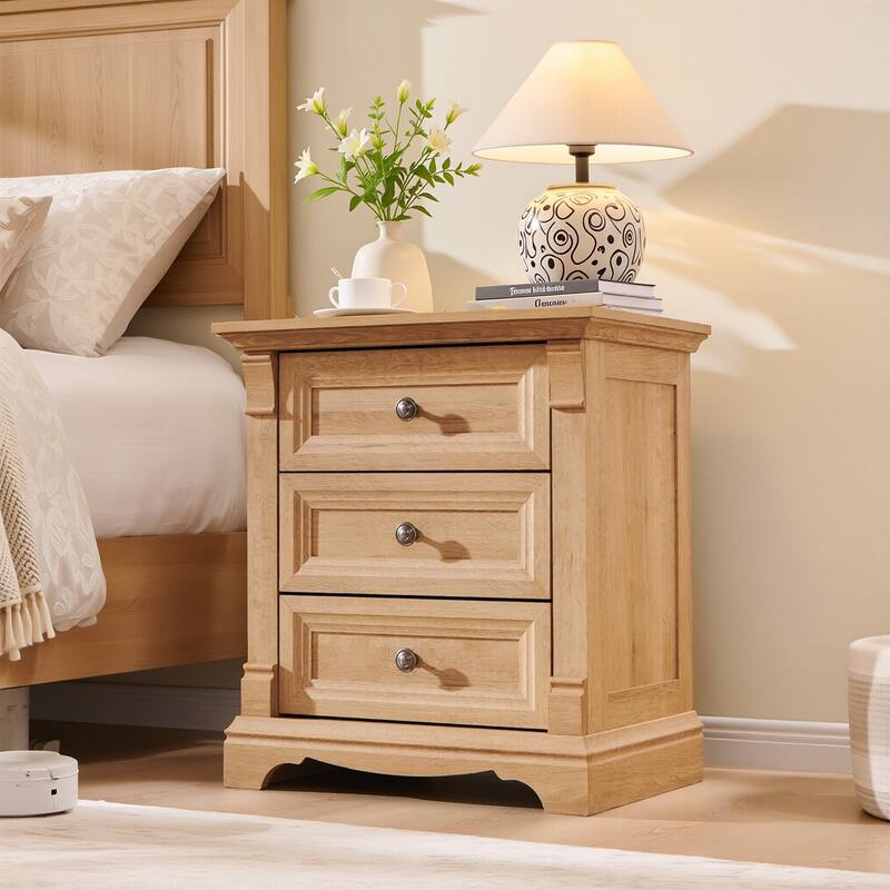 Farmhouse 3 Drawers Nightstand with Charging Station, Rustic End Table - Oak