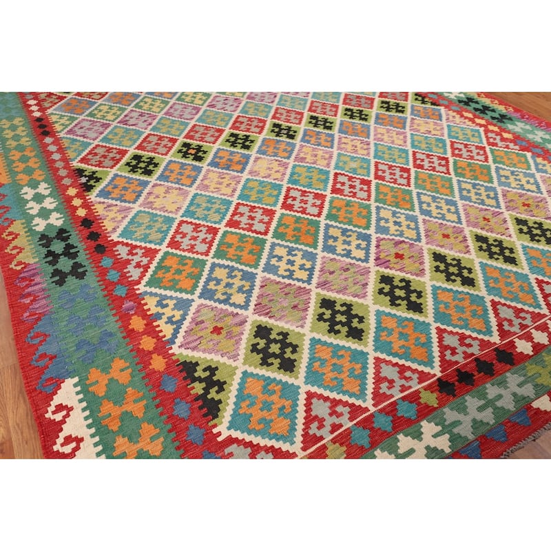 Trellis Multicolor Kilim Oriental Large Area Rug Flatweave Wool Carpet - 9'11"x 16'1"