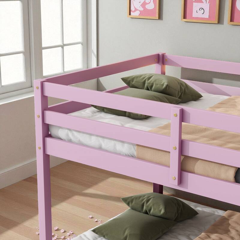 Solid Rubber Wood Twin Over Twin Floor Bunk Bed with Ladder, Low Height Design and Strengthened Slat Support