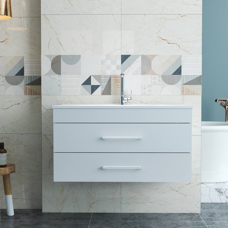 36-Inch White Gloss Wall-Mounted Bathroom Vanity with Double Drawers, Soft-Close System,Ceramic Sink,Long Metal Handle