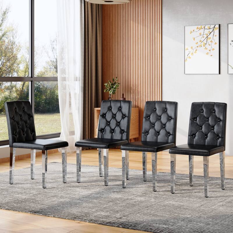 4-pack black PU dining chairs: ergonomic buckle backrest,35 inches high,silver metal legs,a low-key luxury choice. - Black+Silver