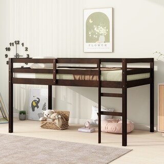 Twin Size Rubber Wooden Loft Bed with Ladder, Strengthened Slat Platform, Guardrails and Spacious Under-bed Area, Espresso