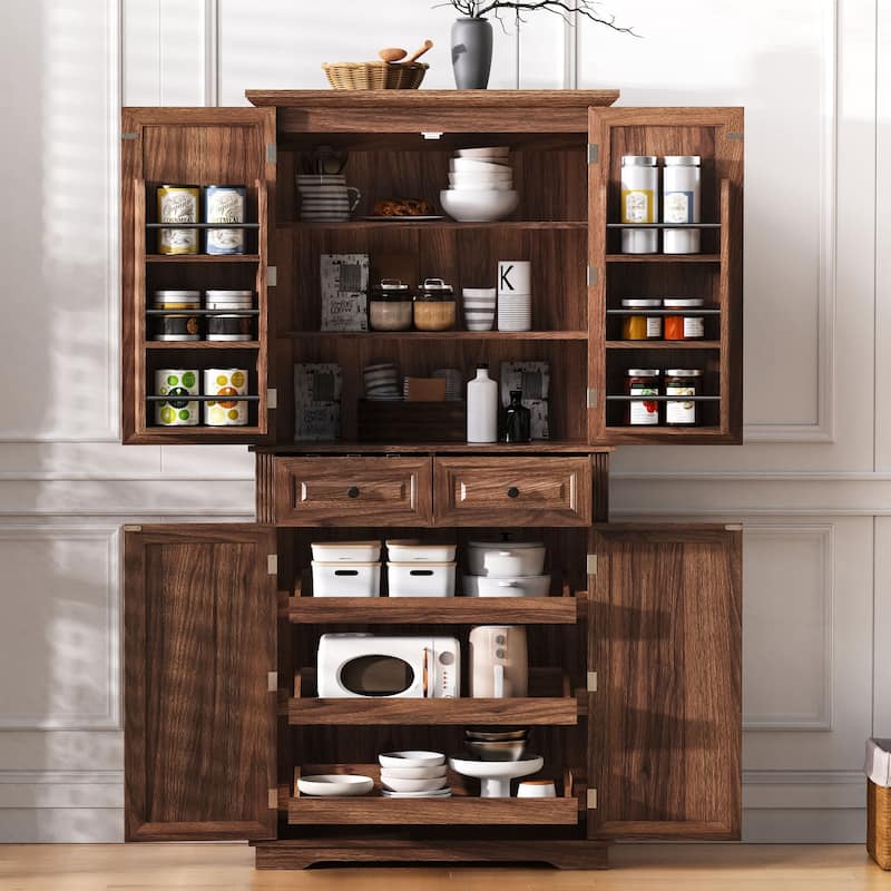 71"Tall Kitchen Pantry Cabinet with 3 Pull Out Cabinet Organizers,Embossed Texture Storage Cabinet with 6 Door Shelves,2 Drawers