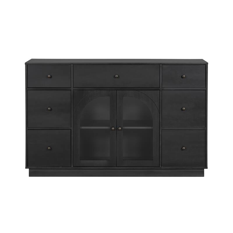 Rustic Wooden Storage Cabinet, Freestanding Buffet Sideboard With Glass Door 7 Drawers Hallway Decorative Cabinet