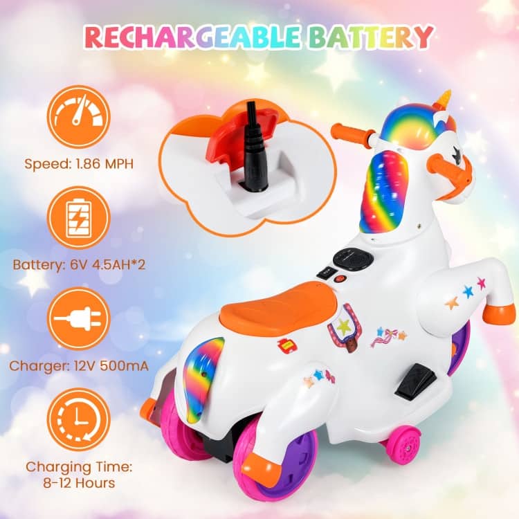 Kids 12V Unicorn Ride-On Toy with Training Wheels Fun and Safe Horse Riding Mode - 27” L x 15” W x 22.5” H