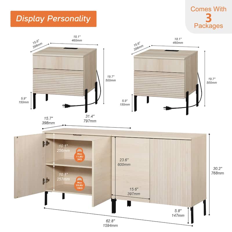 4 Pcs Bedroom Set，Wooden Dresser and Nightstand Sets for Bedroom, Reeded Night Stand of 2 with Charging