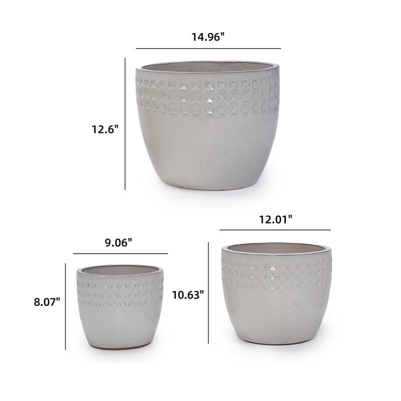 Set of 3 Ceramic Planters Diamond Pattern Plants for Succulents Herbs