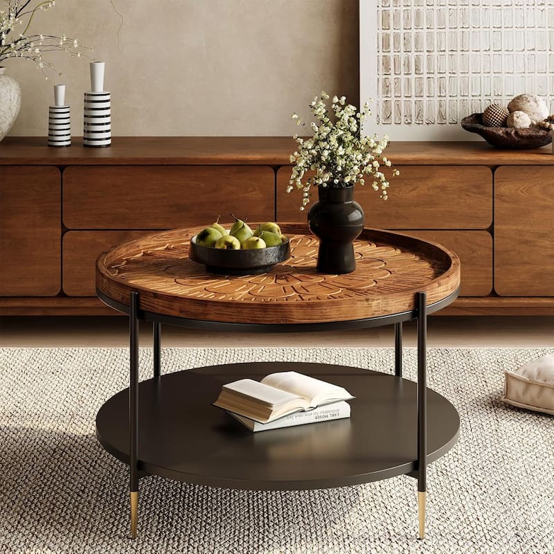 31.5-Inch Boho Solid Wood Round Coffee Table with Metal Storage Frame & Carved Floral Pattern for Small Spaces, Apartment