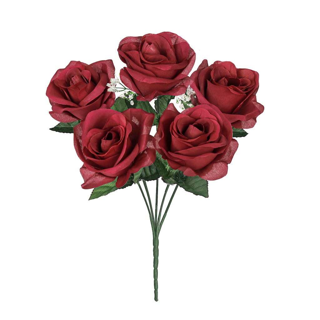 Set of 12 Burgundy Artificial Open Rose Flower Stem Bush Bouquet 14in - 14" L x 7" W x 7" DP
