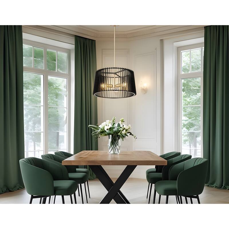 3-Light Black and Brass Drum Chandelier with Louvered Metal Shade - Black&Brass