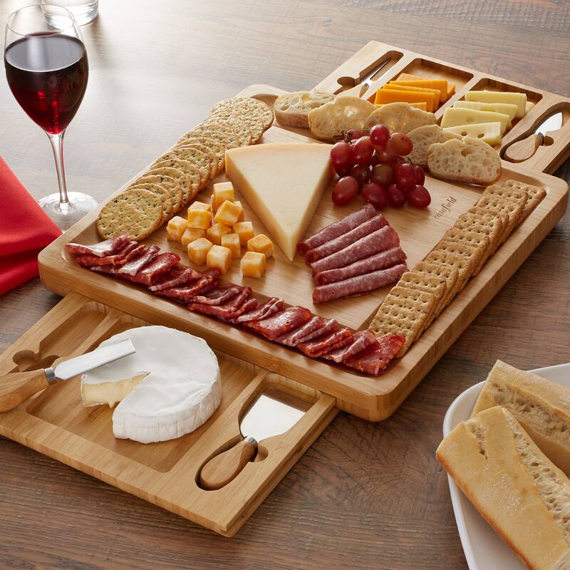 Bamboo Cheese Board Gift Set with 2 Trays and 4 Knives - Small