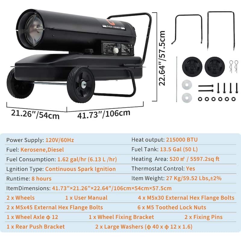 215000 BTUs Forced Air Kerosene Diesel Heater, with Thermostat and Wheels