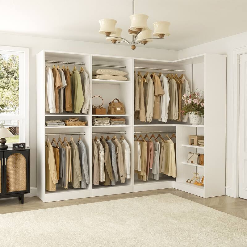 Cimly Set of 3 Freestanding Closet System with Hanging Rods, Corner Closet Organizer with Adjustable Storage Shelves - White