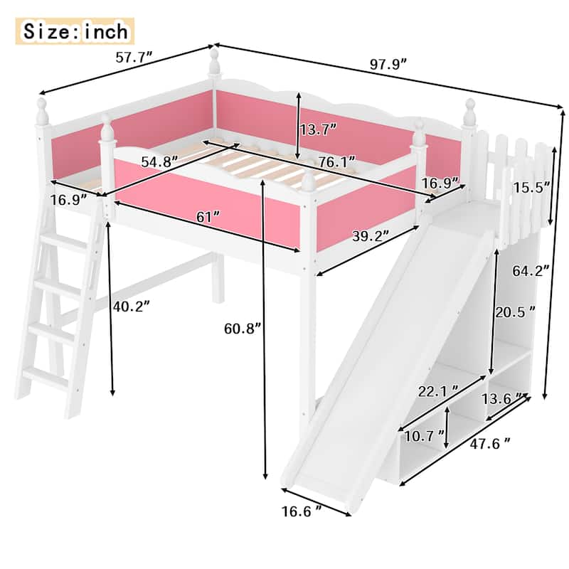 Full/Queen Loft Bed with Storage Shelves, Cabinet & Detachable Slide, Solid Wood Loft Bed with Ladders, No Box Spring