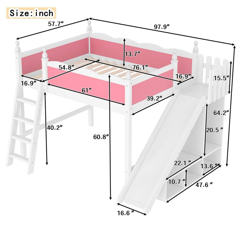 Modern High Loft Beds with Full Length Guardrails, Solid Wood Storage Loft Bed Frame with Detachable Slide and Ladders