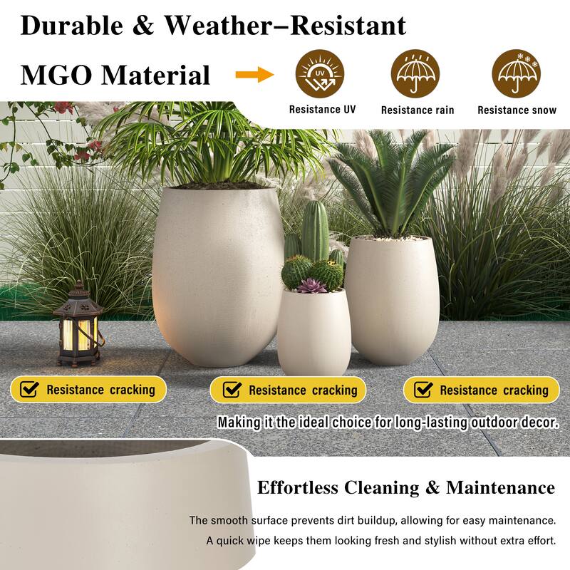 Lightweight Round MGO Outdoor Planter Set-3 Sizes (15.6"/10.74"/7.3"),Large Outdoor Indoor Flower Pots with Drainage Hole
