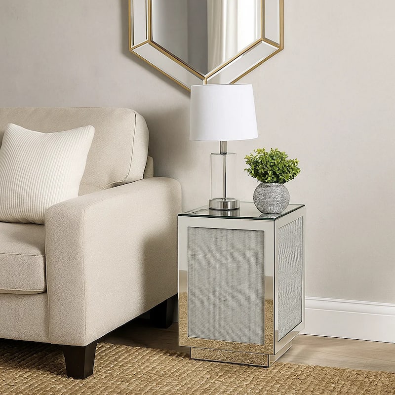 Mirrored Accent Table with Faux Diamond Inlay and Glass Top, Silver
