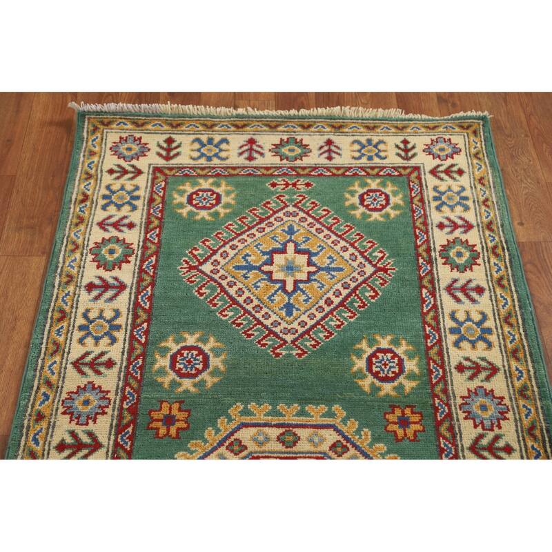 Green Kazak Runner Rug Hand-Knotted Wool Carpet - 2'8" x 16'3"