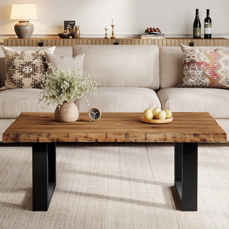 47 Inch Solid Wood Coffee Table for Living Room, Modern Center Table with Metal Frame - 47.2" W x 23.6" D x 17.7" H