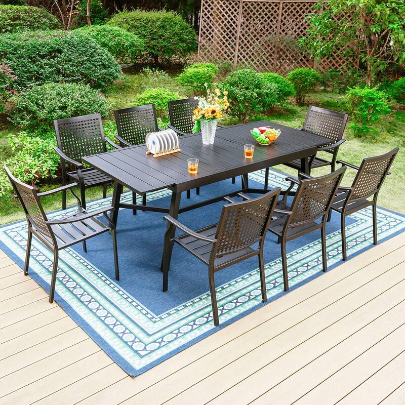 7/9-Piece Patio E-coating Dining Set of 6/8 Stackable Chairs & 1 Extendable Metal Table