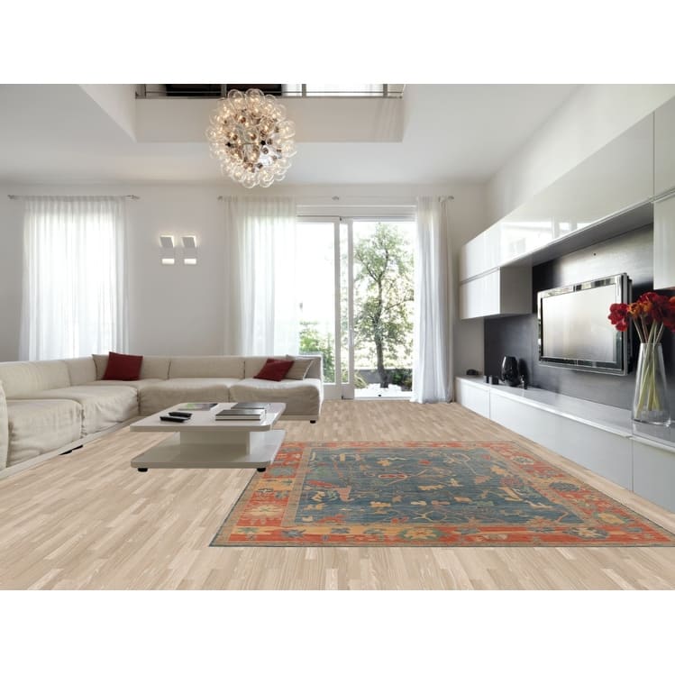 Vegetable Dye Blue Oushak Turkish Area Rug Hand-Knotted Wool Carpet - 9'3" x 12'3"