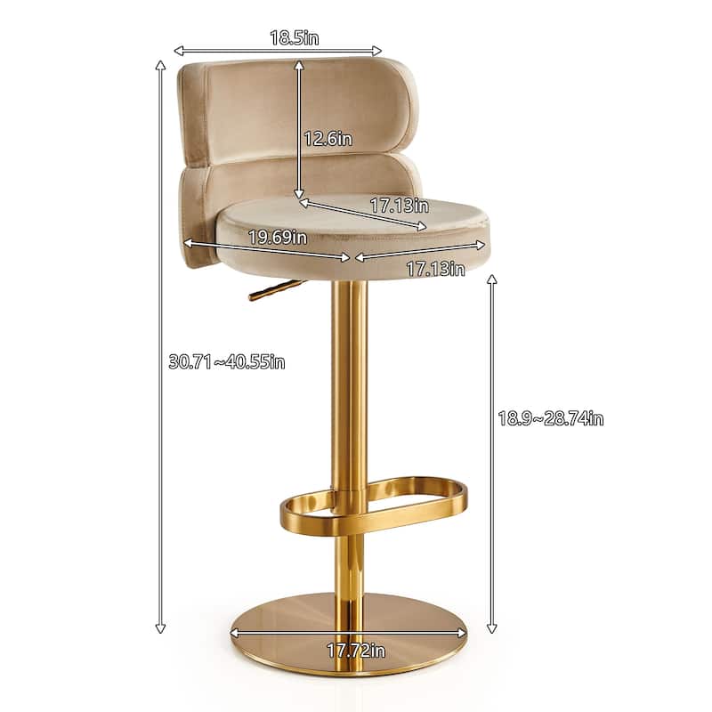 Modern Velvet Bar Stool with Height Adjustment and 360-Degree Swivel