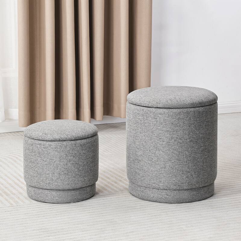 Adeco 2-Piece Round Fabric Storage Ottoman Set with Removable Lids