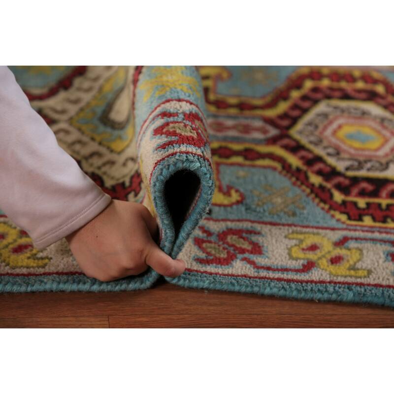 Light Blue Geometric Kazak Indian Runner Rug Handmade Wool Carpet - 2'6"x 9'11"