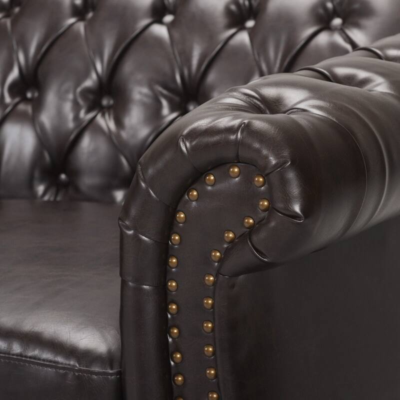 84.75" PU 3-Seater Sofa, Button Tufted, Nailhead Trim and Scrolled Arms