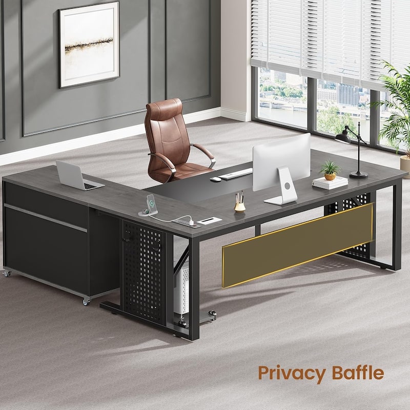 71" Executive Desk File Cabinet L Shaped Computer Desk Shelves