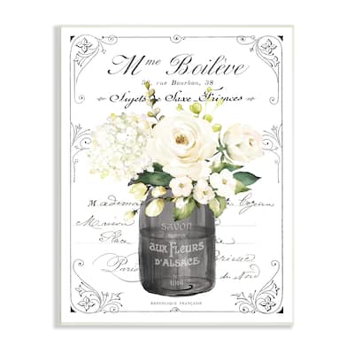 Stupell Vintage Parisian Bathroom Floral Bouquet White Flowers Wood Wall Art