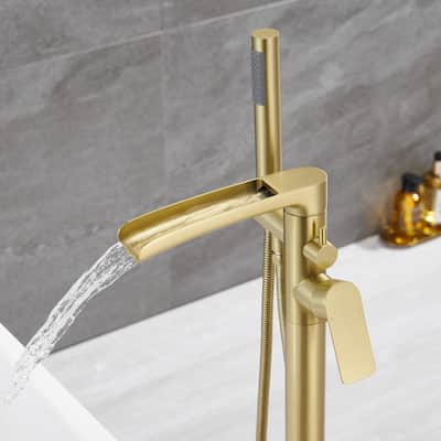 Brushed Gold Double Handle Floor Mounted Freestanding Tub Filler with Handshower