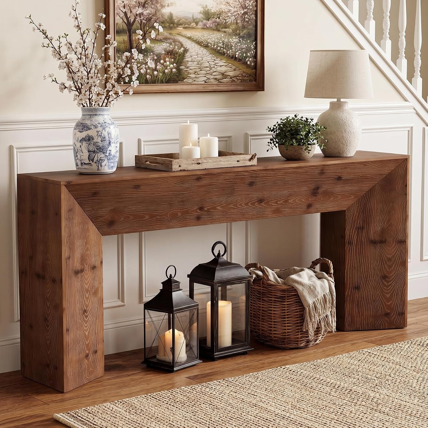Wood Narrow Console Table with Hidden Back Storage, Minimalist U-Shape Behind Sofa Accent Table
