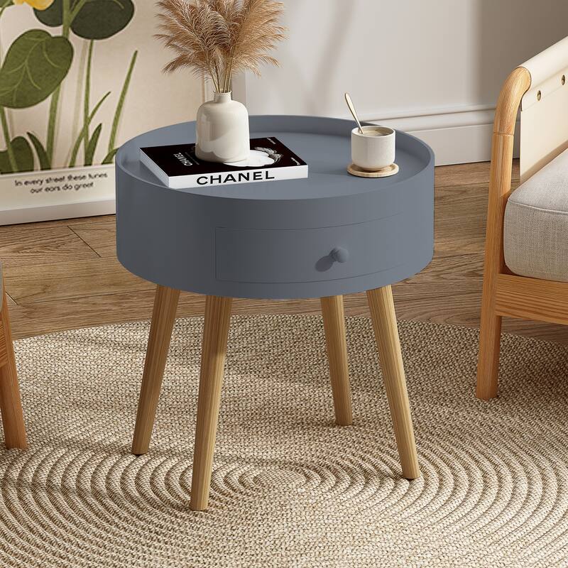 Small Side Table with Wood Legs, Space-Saving Round Coffee Table with Storage Drawers, Compact Center Table for Apartment