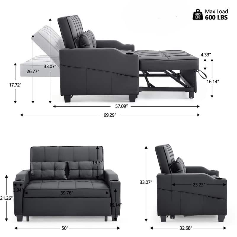 Upholstered Cat's Claw Leather Convertible Reclining Sleeper Sofa Bed With Cushions For Small Spaces