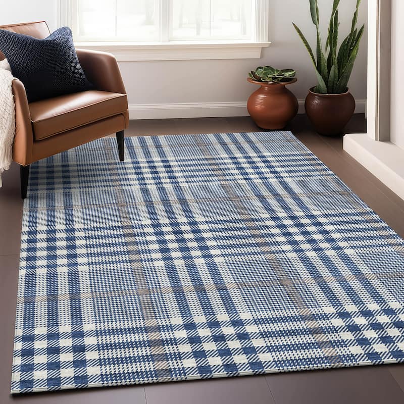 Machine Washable Indoor/ Outdoor Plaid Chantille Rug - Navy - 10' x 14'