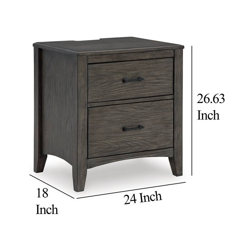 Illian Nightstand, 2 Drawers, Bar Handles, Gray Brown Solid Hardwood