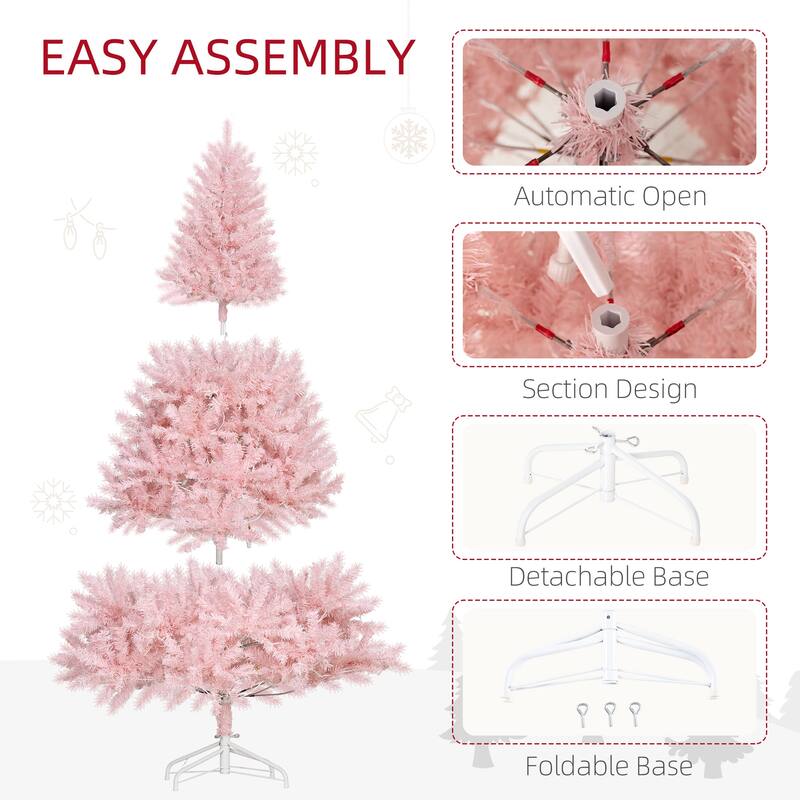 6' Tall Prelit Christmas Tree Douglas Fir Artificial Christmas Tree with Realistic Branches, 250 Warm White LED Lights - Pink