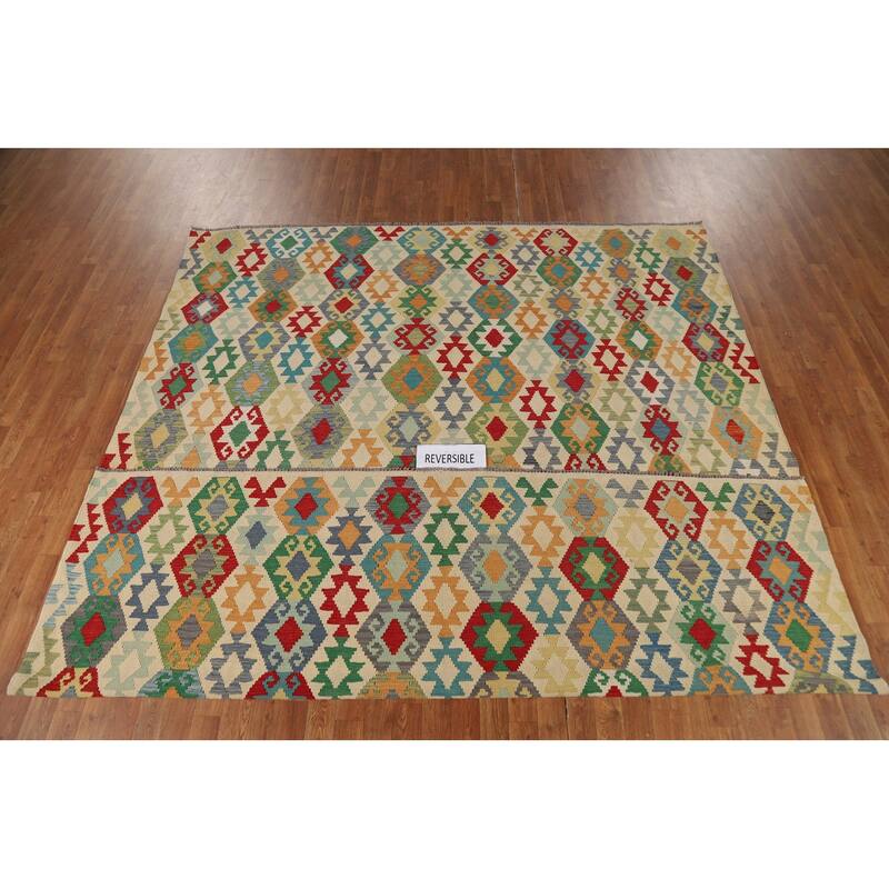 Geometric Beige Kilim Oriental Area Rug Flatweave Wool Carpet - 8'5" x 10'3"