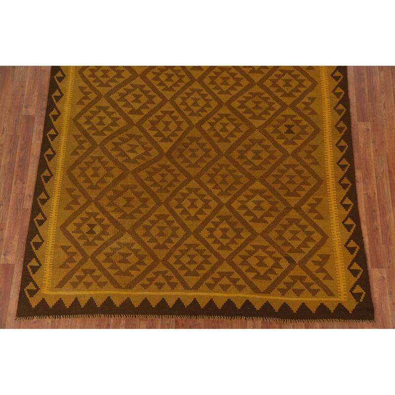 Hand Woven Oriental 100% Wool Carpet Southwestern Geometric Yellow & Gold Kilim Area Rug - 9' 8'' X 6' 6''