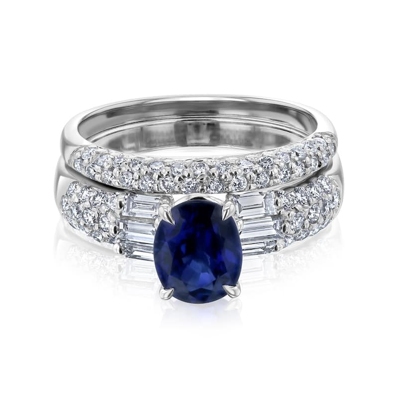 Kobelli 2.57 Carat Blue Sapphire & White Diamond 14k Solid White Gold Oval & Baguette Valerie 2pc Bridal Set
